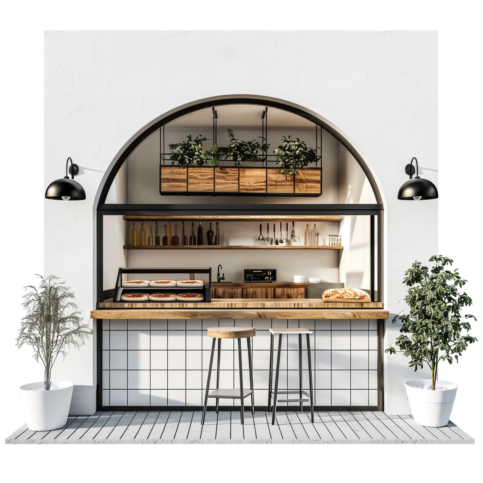 Front of a warm atelier kitchen