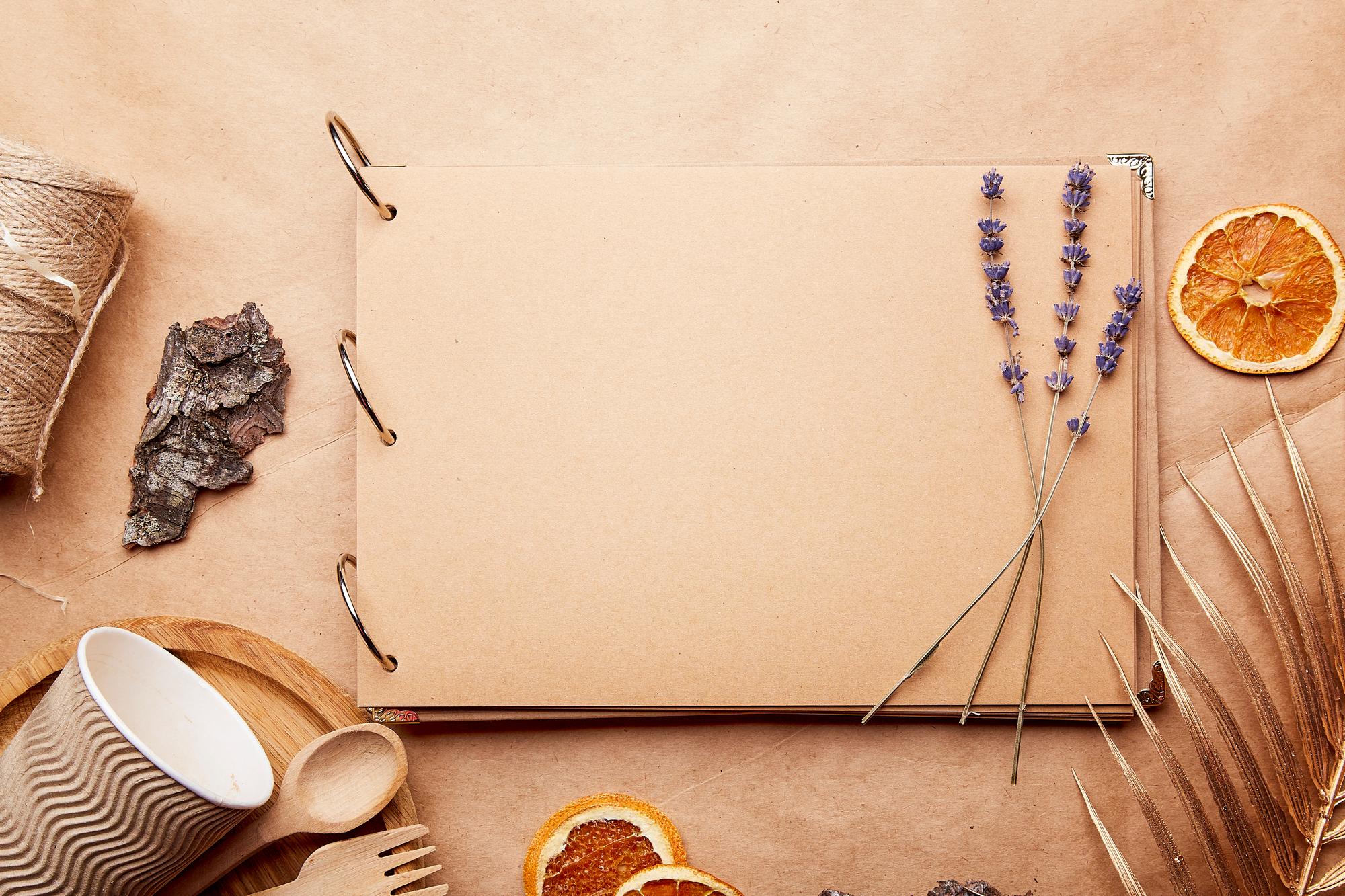 Flat lay of subscription box with menu card